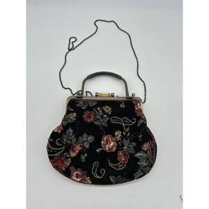 Vintage Style Beaded Floral Handbag Black Velvet Kiss Lock Frame Purse Boho